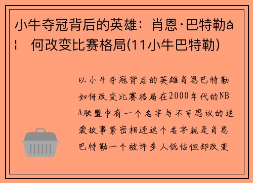 小牛夺冠背后的英雄：肖恩·巴特勒如何改变比赛格局(11小牛巴特勒)