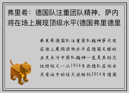 弗里希：德国队注重团队精神，萨内将在场上展现顶级水平(德国弗里德里希)