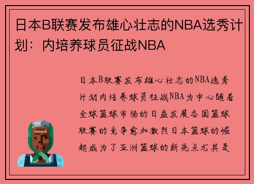 日本B联赛发布雄心壮志的NBA选秀计划：内培养球员征战NBA