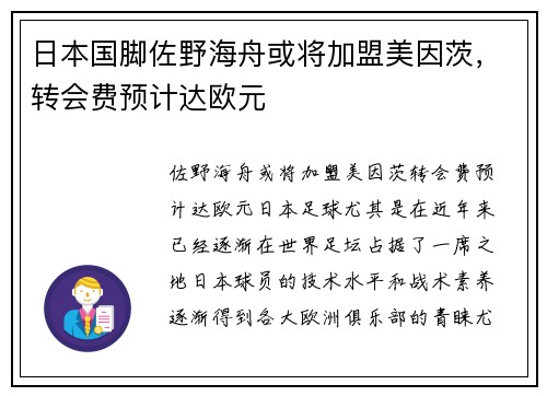 日本国脚佐野海舟或将加盟美因茨，转会费预计达欧元