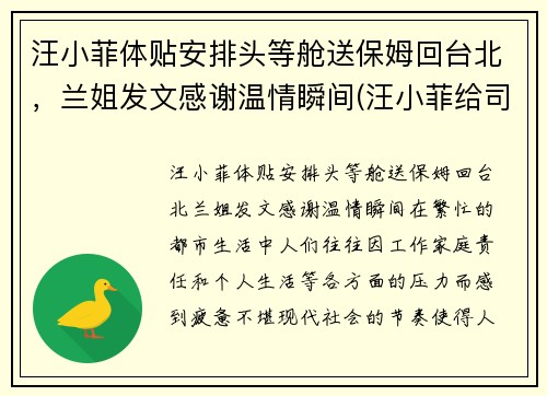 汪小菲体贴安排头等舱送保姆回台北，兰姐发文感谢温情瞬间(汪小菲给司机道歉 新闻)