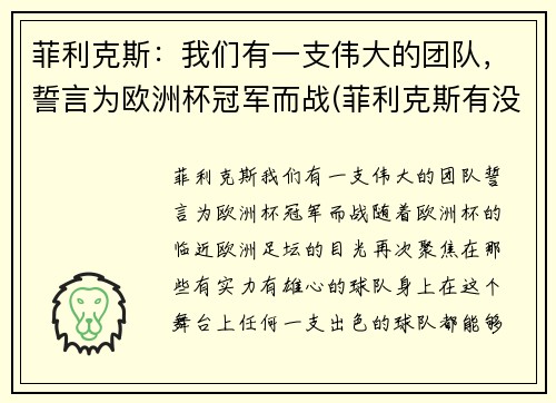 菲利克斯：我们有一支伟大的团队，誓言为欧洲杯冠军而战(菲利克斯有没有参加欧洲杯)