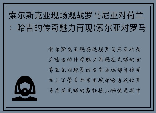 索尔斯克亚现场观战罗马尼亚对荷兰：哈吉的传奇魅力再现(索尔亚对罗马直播)